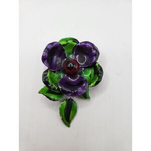 Vintage Enamel Flower Brooch Purple Green Black Hand Painted Metal 3 Inch Retro